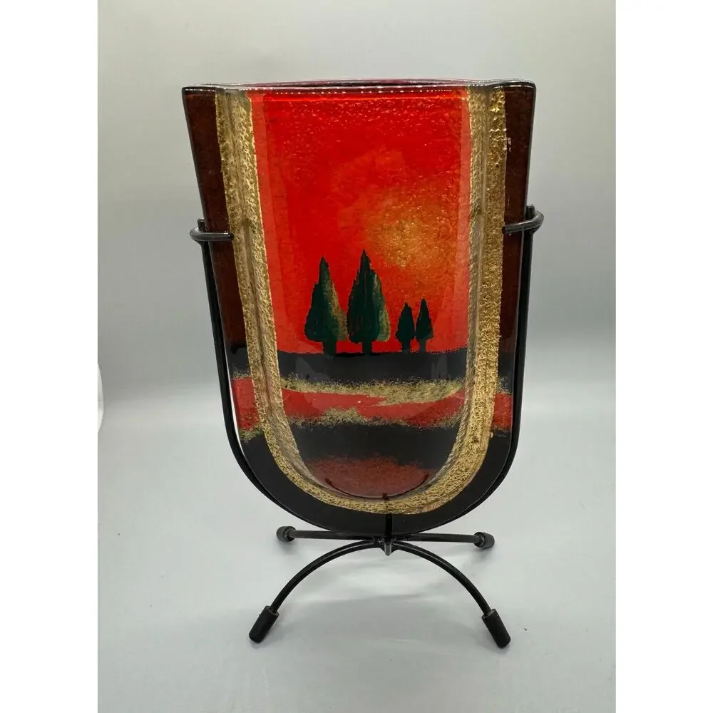 Vintage Jasmine Art Glass Vase in Metal Stand Black Gold Red Green Trees Vibrant